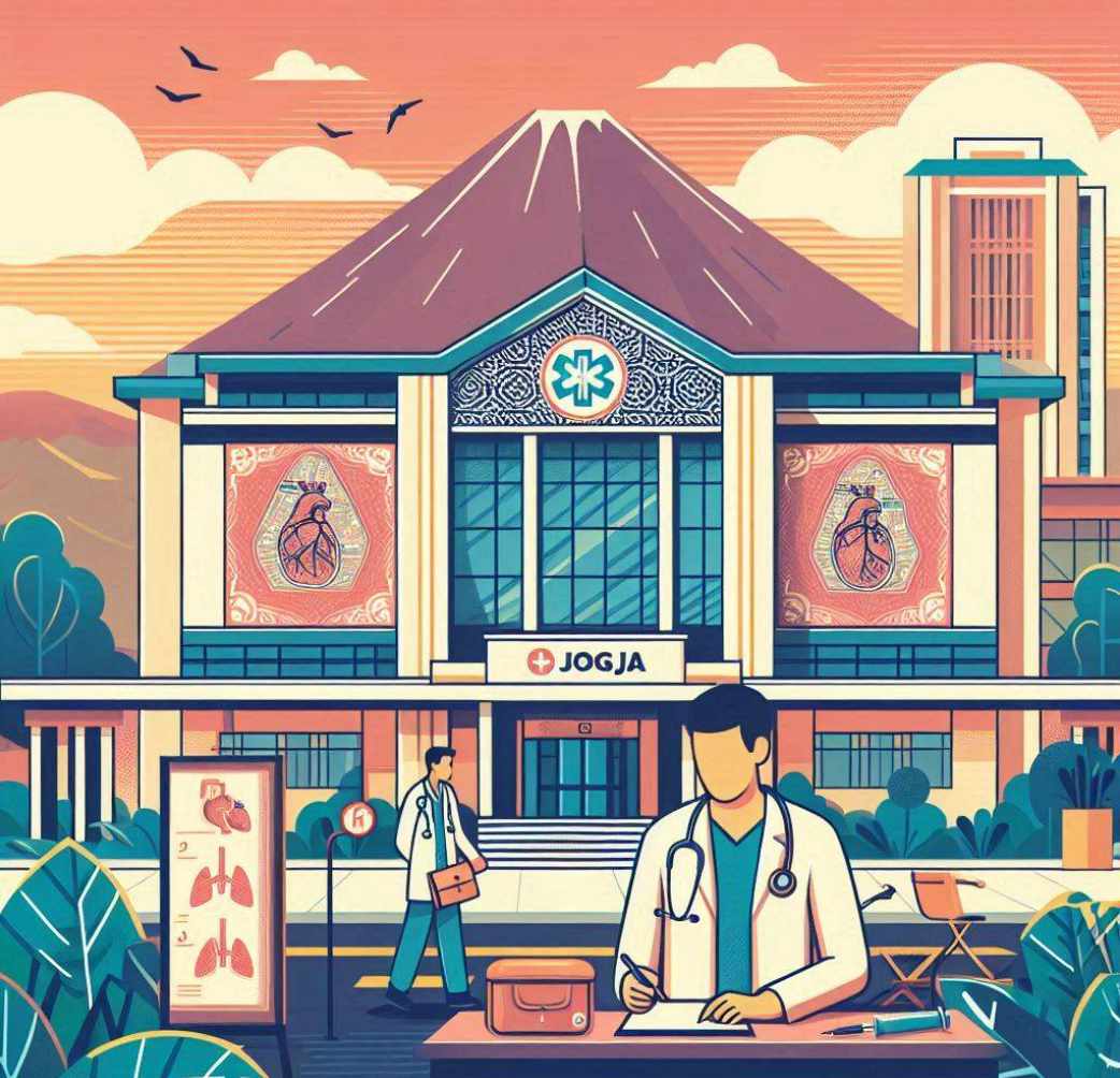 mengenakan scrub medis dan stetoskop, sedang belajar di depan gedung kampus dengan arsitektur modern bernuansa Jawa